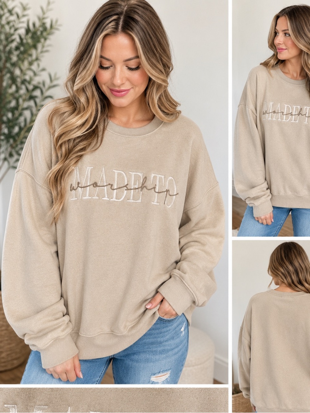 Jerzees Nublend “Made to Worship” Beige Crewneck Sweatshirt XL NWT